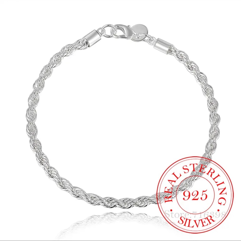 New High quality 925 Sterling Silver 4MM bracelet chain Twisted Rope Brace heart